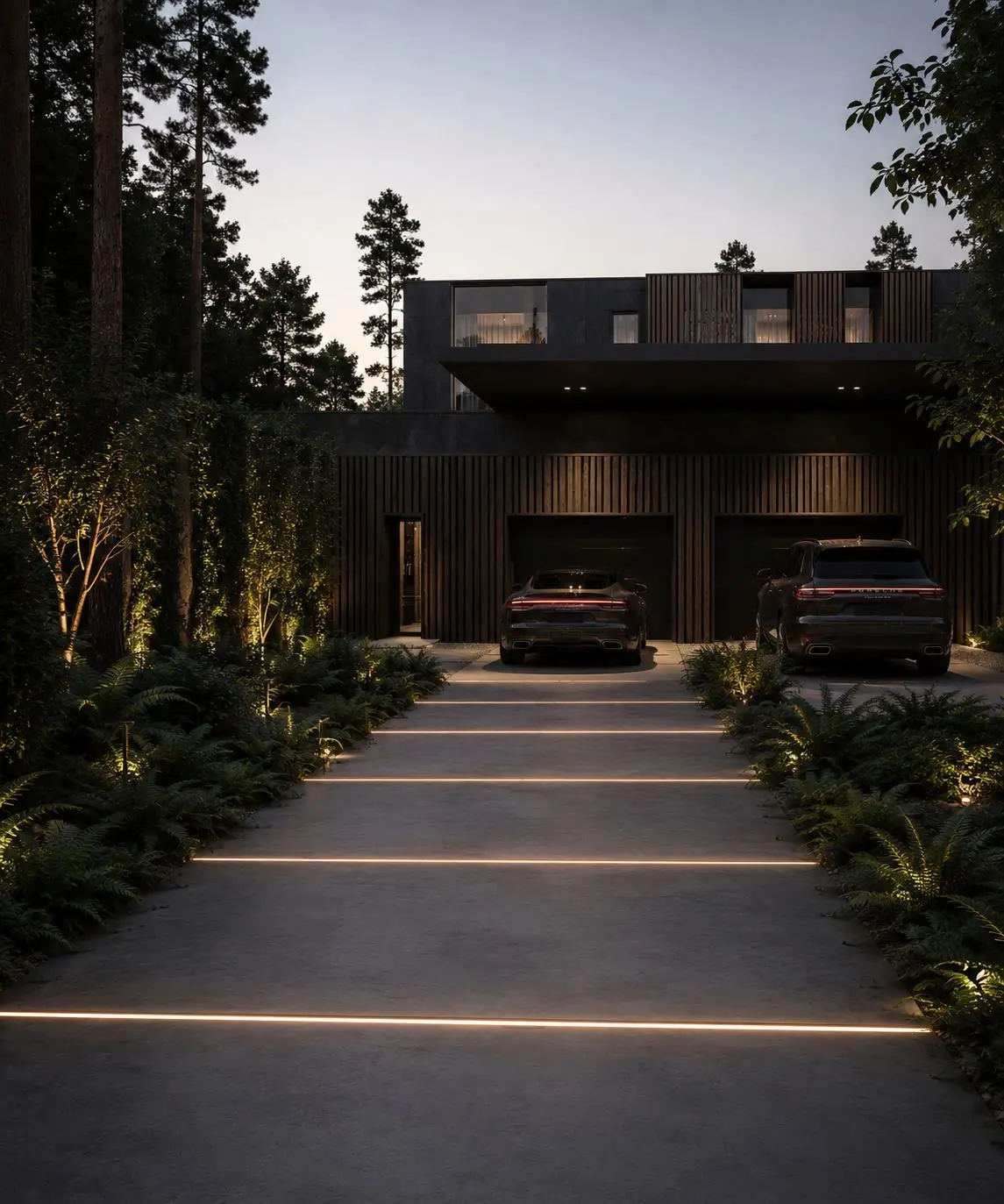 Wizualizacja projektu — podjazd do garażu z liniowym oświetleniem krawędzi